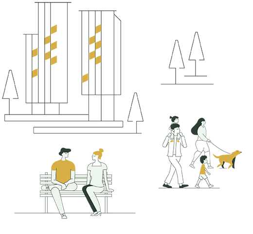 Line drawing of Yesler Towers apartments, family walking dogs, and friends relaxing on bench.