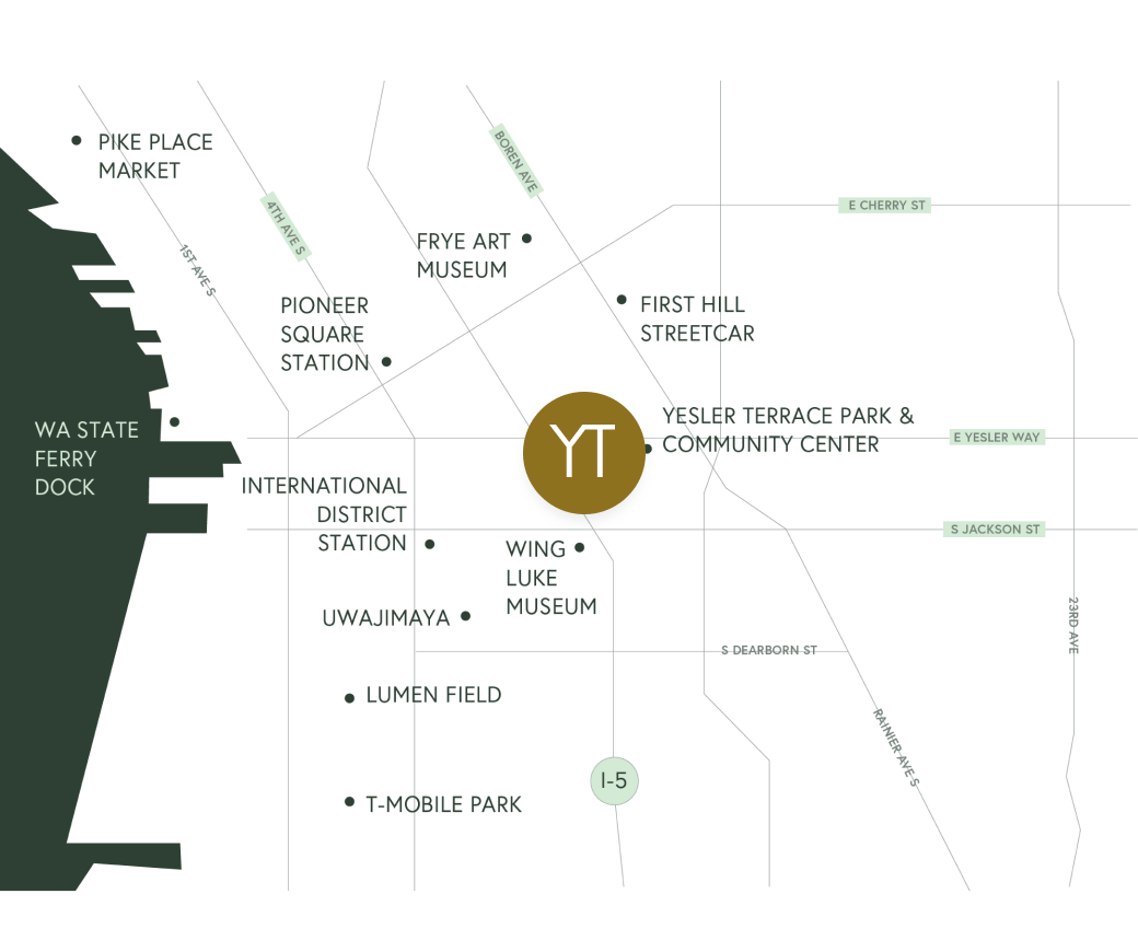 Map showing location of Yesler Towers and nearby landmarks in downtown Seattle.