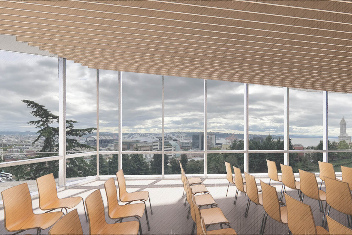 Rendering of Yesler Towers meeting room overlooking Seattle.