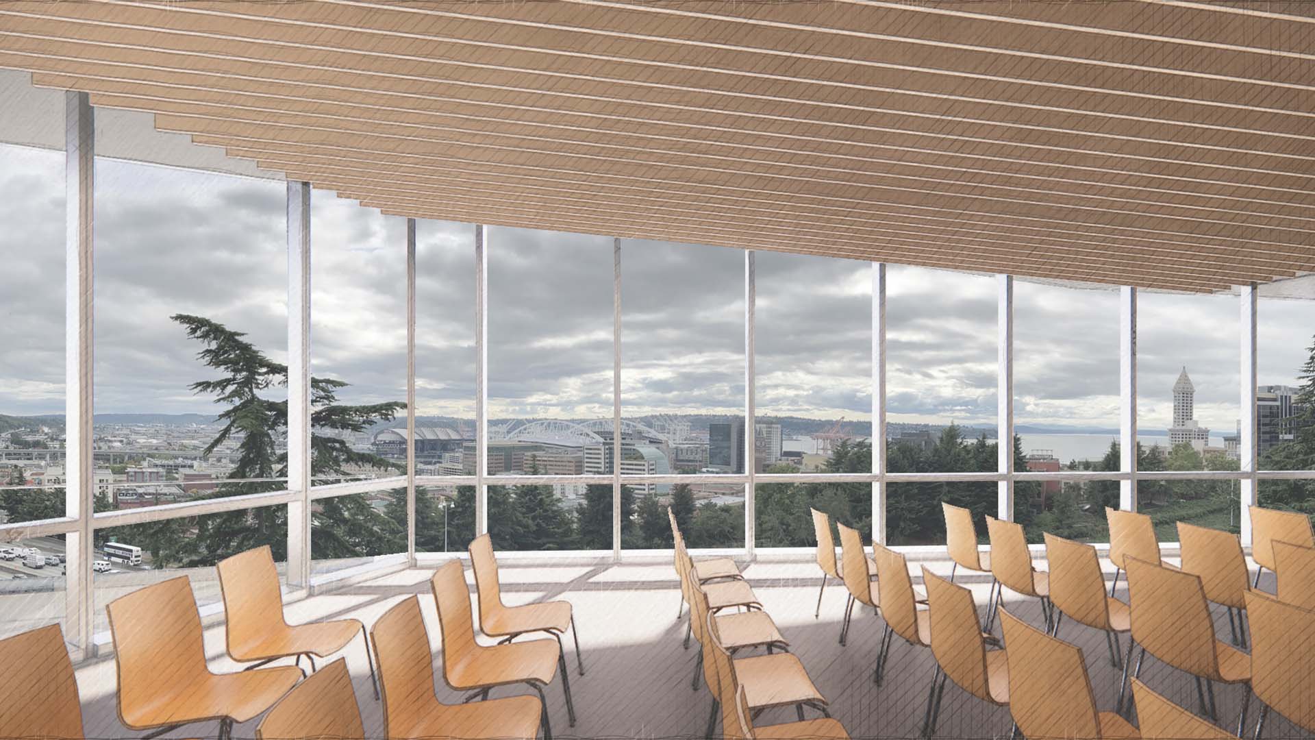Rendering of Yesler Towers meeting room overlooking Seattle.