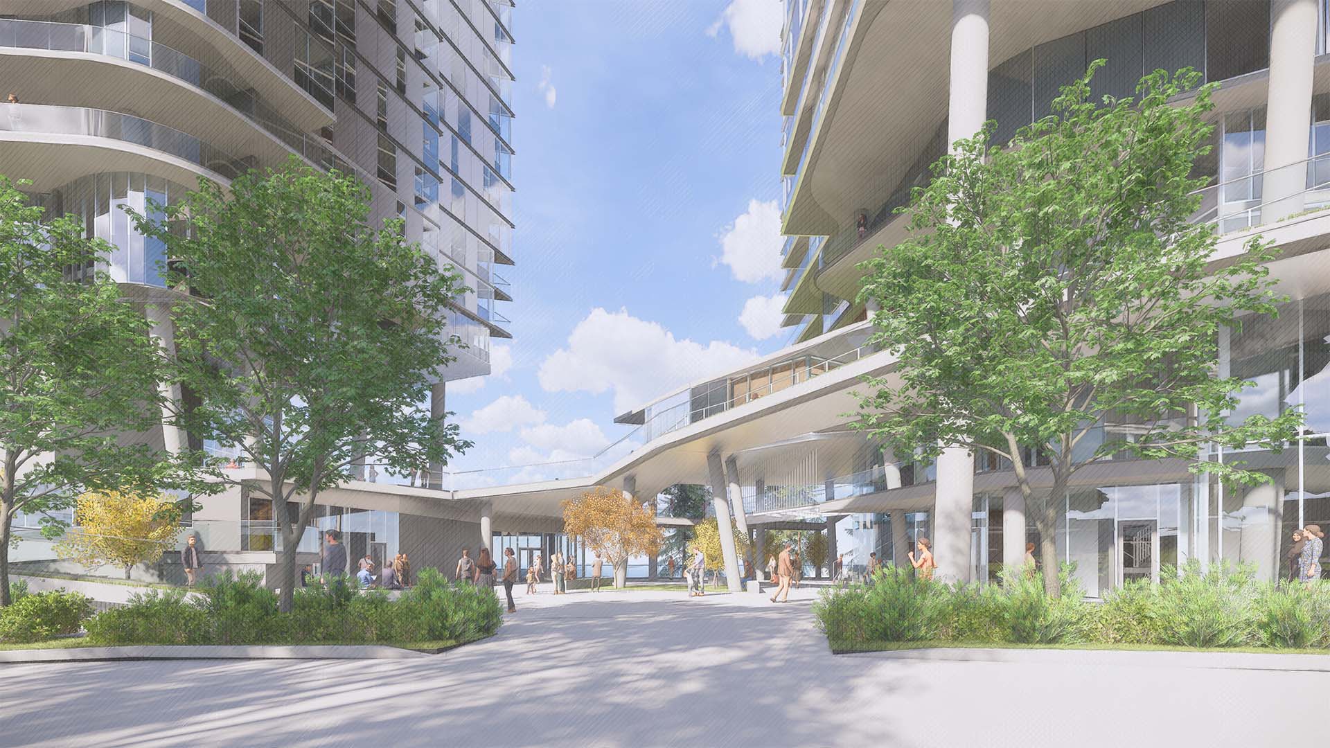 Artists rendering of Yesler Towers with modern glass buildings and bustling common areas.