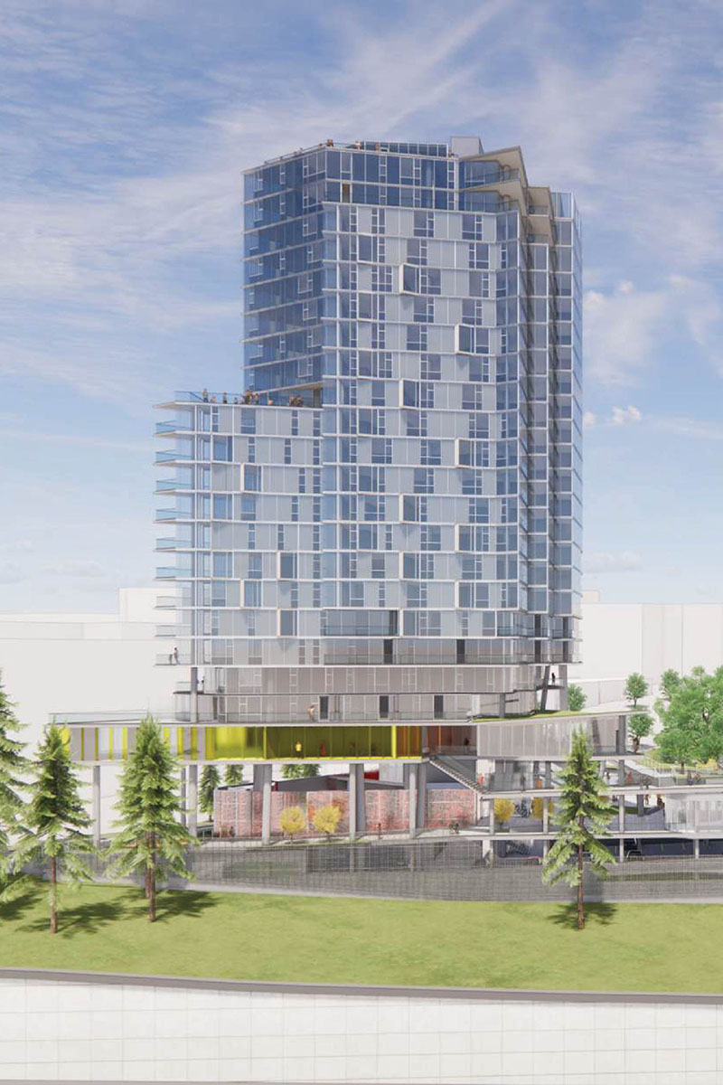 Artists rendering of Yesler Towers with modern glass buildings and bustling common areas.