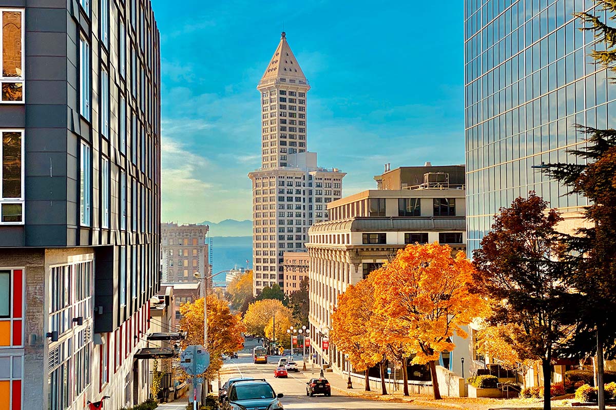 Smith Tower in Seattle on sunny autumn day.